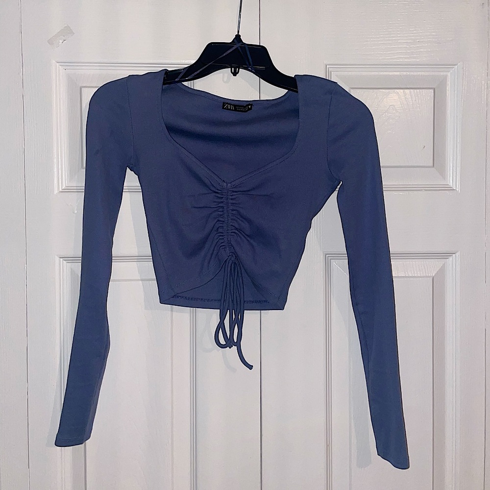 ZARA blue long sleeve ruched crop top. Size S but can fit XS!